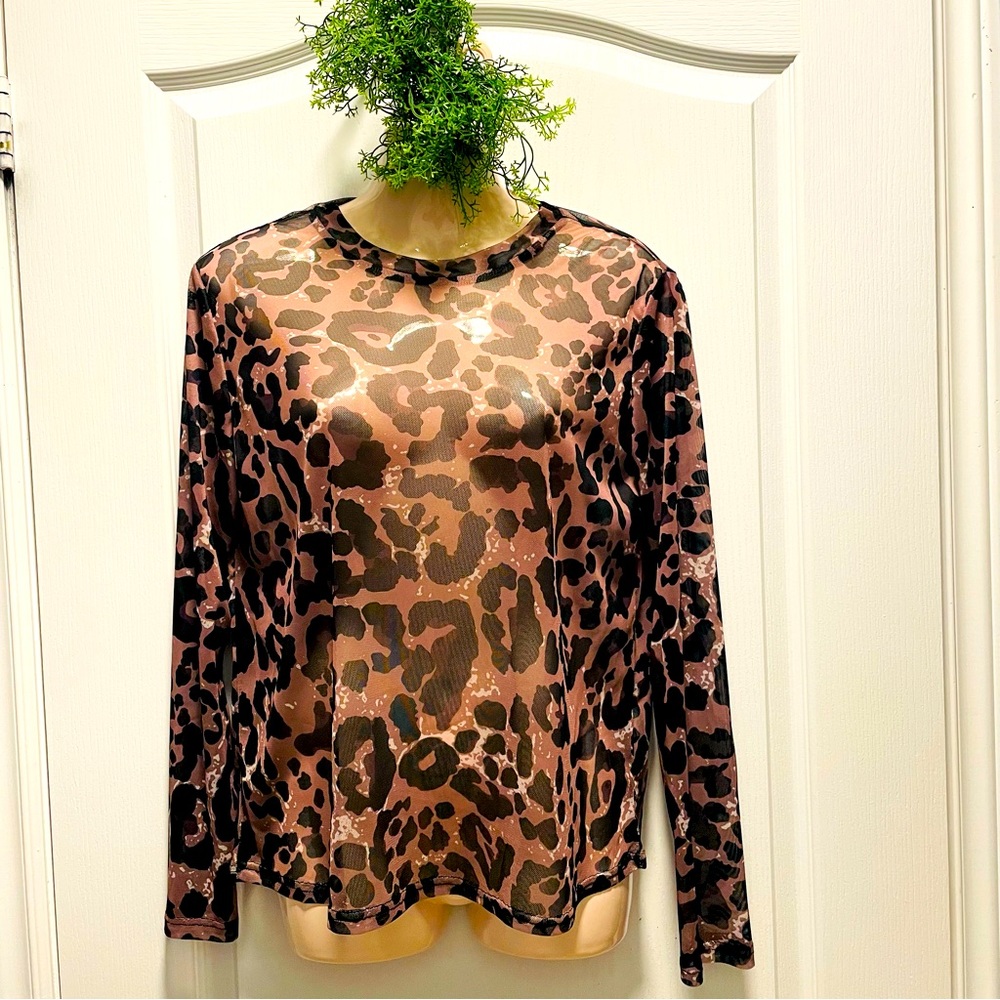🌸3 for $20 SHEIN Leopard SheerTop long sleeves Size M Animal Print Apparel 🐅